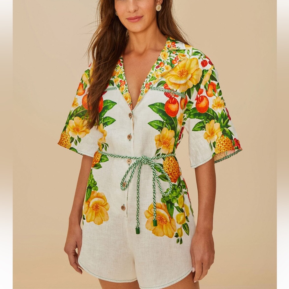 NWT FARM RIO
OFF WHITE PICNIC FLOWERS LINEN ROMPER